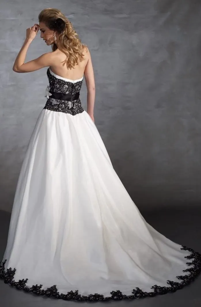 ---Black and white princess wedding dress with a straight neckline lace bodice and sequin embellishment--