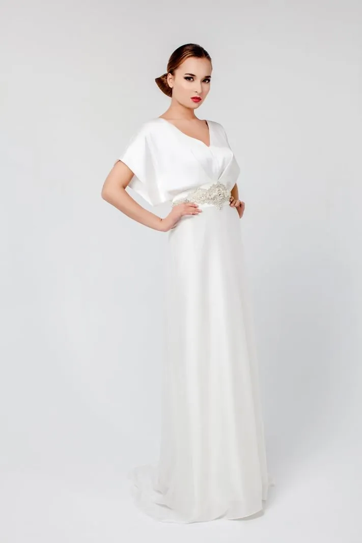 ---Boho Shabby chic style silk satin wedding dress with V-neck and short sleeves online sale bridal collection 2021--