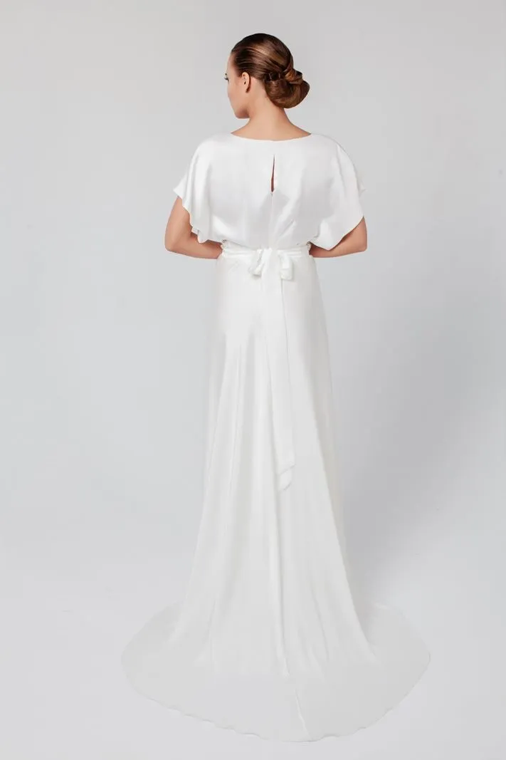 ---Boho Shabby chic style silk satin wedding dress with V-neck and short sleeves online sale bridal collection 2021--