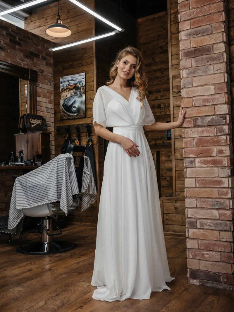 ---Cheap online empire style wedding dress with V neck made in chiffon--