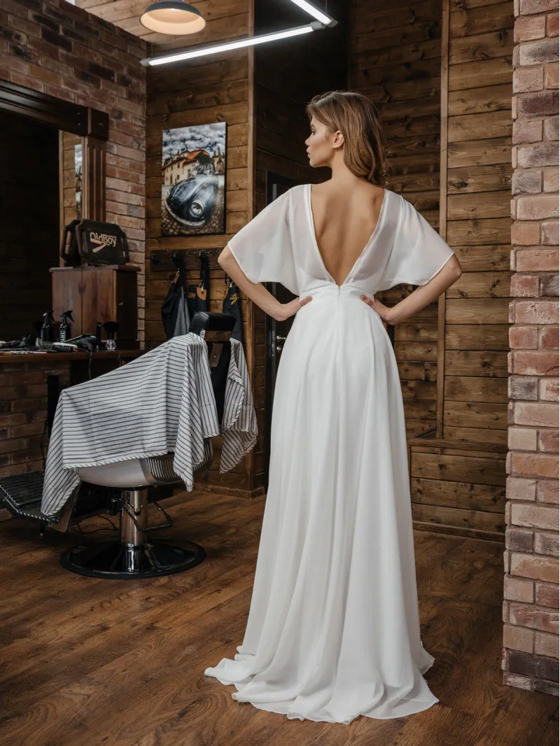 ---Cheap online empire style wedding dress with V neck made in chiffon--