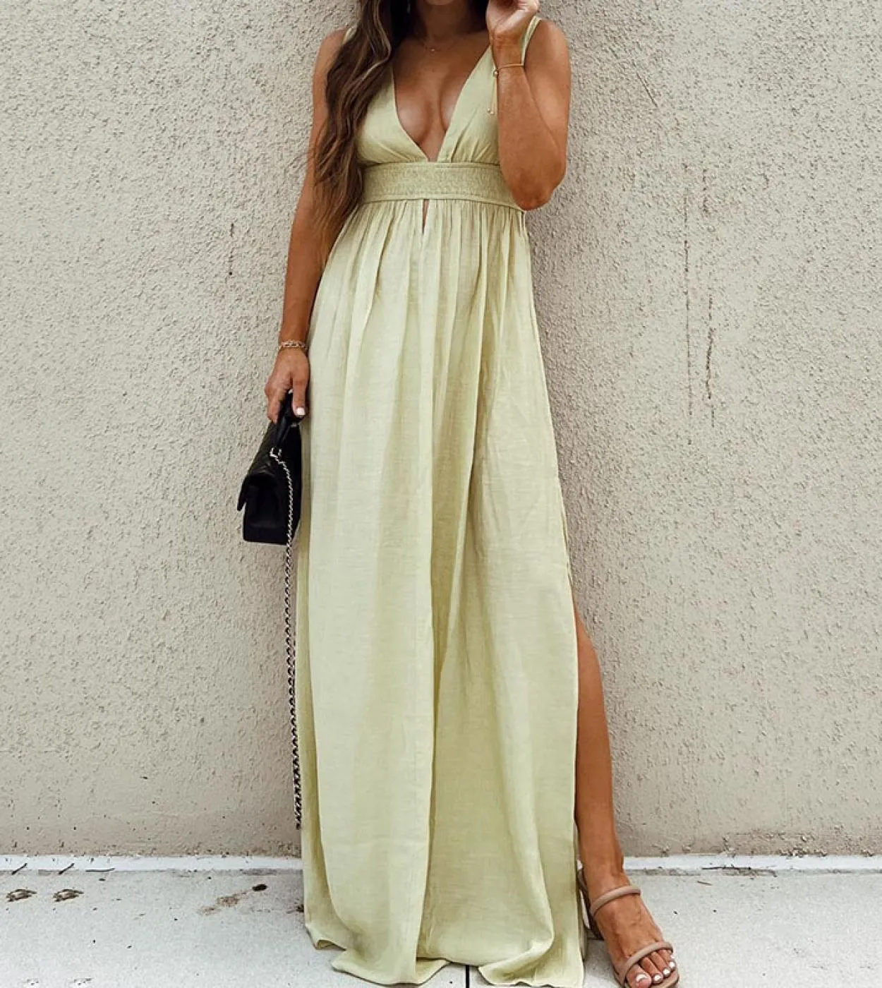 2023 Summer Fashion Hight Waist Long Dress Donna Elegante Deep Vneck Solid Bohe Dress Primavera senza maniche Split Party Dres