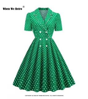 Abiti per le donne 2023 Hepburn Wind Retro Green Polka Dot Dress A Rugoso A Line Abito in cotone a maniche corte Vd3199 S Xx