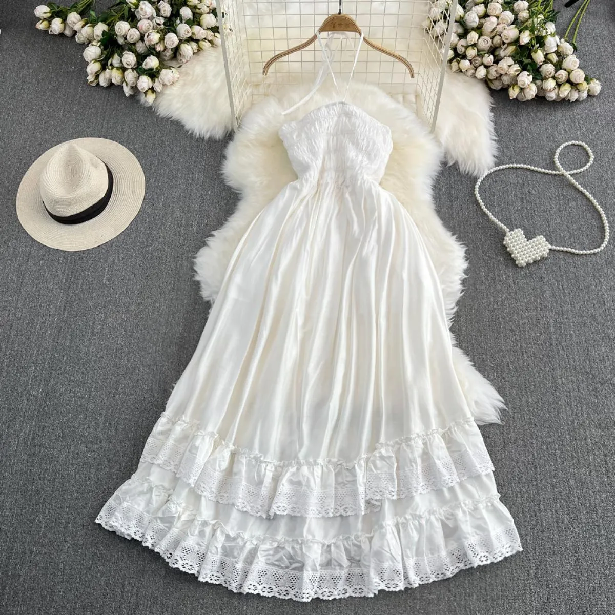 Abito bianco lungo estivo da donna senza maniche con scollo all'americana da spiaggia abiti femminili patchwork in pizzo vestibi