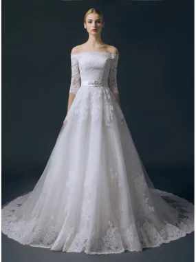 Abito da Sposa collezione 2016 online economico di Pizzo con scollo a barchetta e cintura