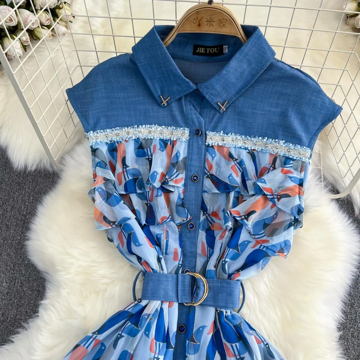 Abito estivo in denim midi per donna Canotta con risvolto senza maniche con volant monopetto Cintura Abiti Chic Tulle Patchwork