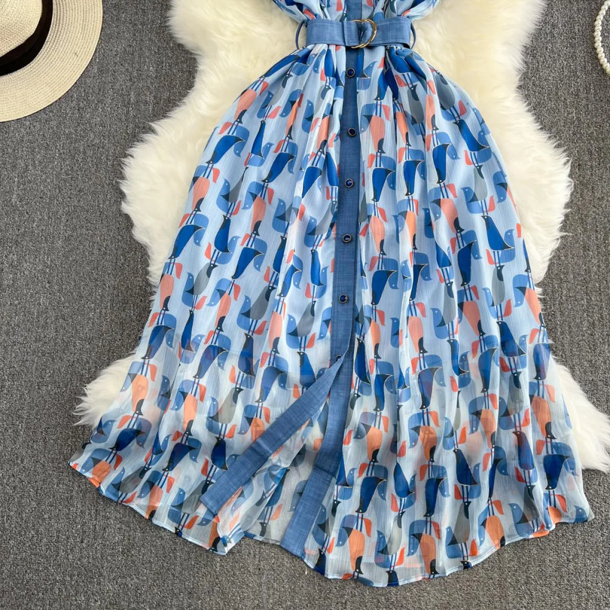 Abito estivo in denim midi per donna Canotta con risvolto senza maniche con volant monopetto Cintura Abiti Chic Tulle Patchwork