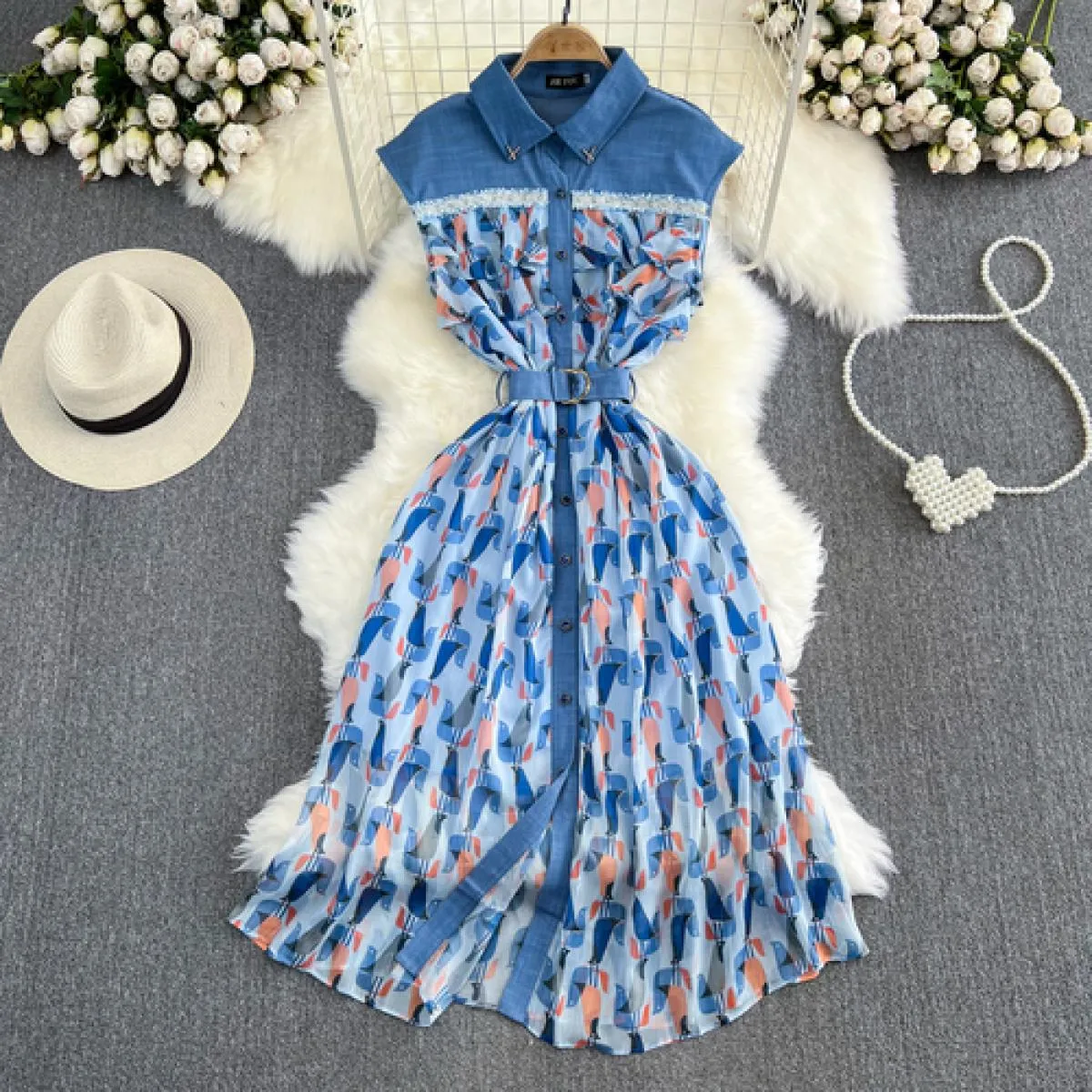 Abito estivo in denim midi per donna Canotta con risvolto senza maniche con volant monopetto Cintura Abiti Chic Tulle Patchwork