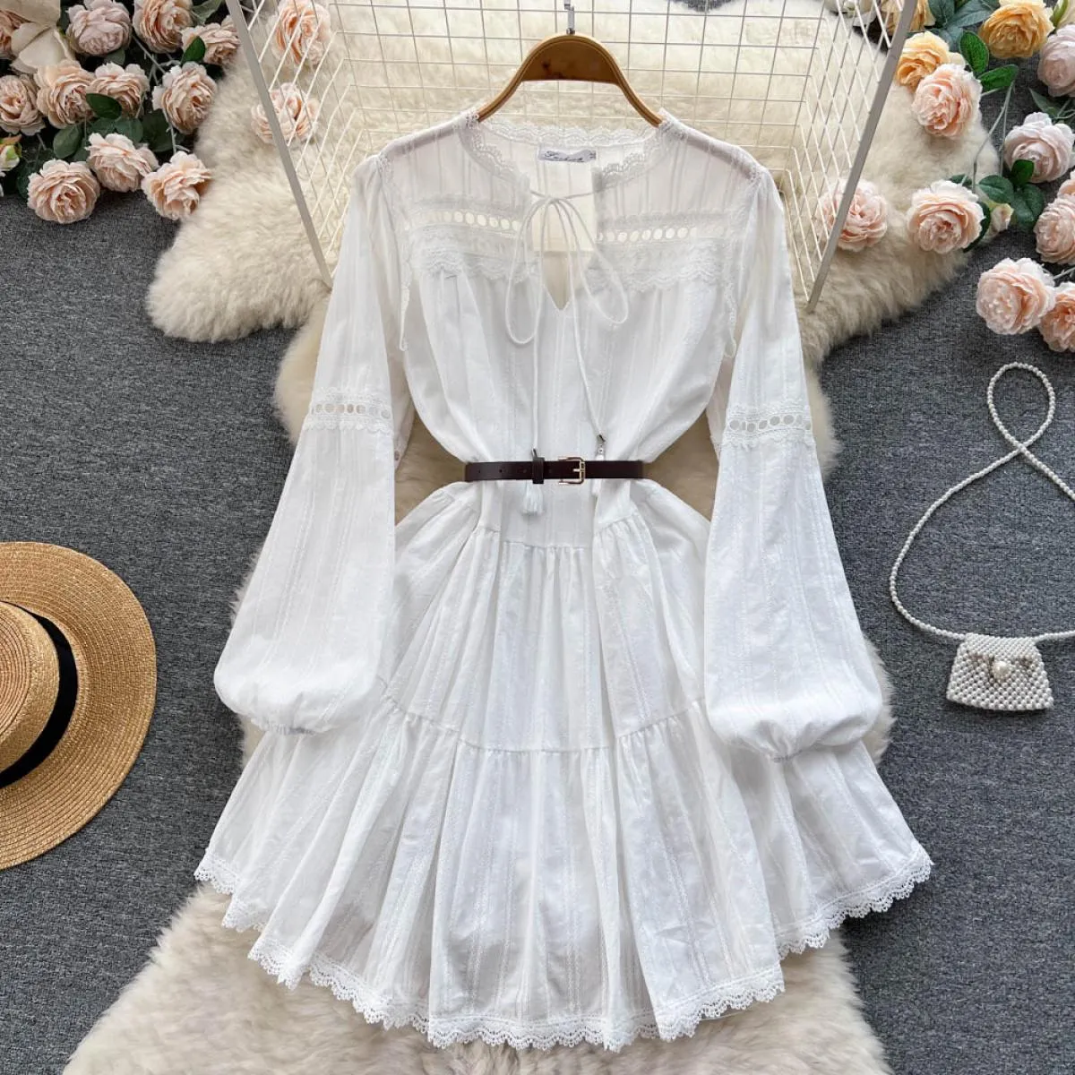 Abito estivo midi boho bianco da donna elegante patchwork in pizzo a maniche lunghe scava fuori abiti da cintura femminili crava