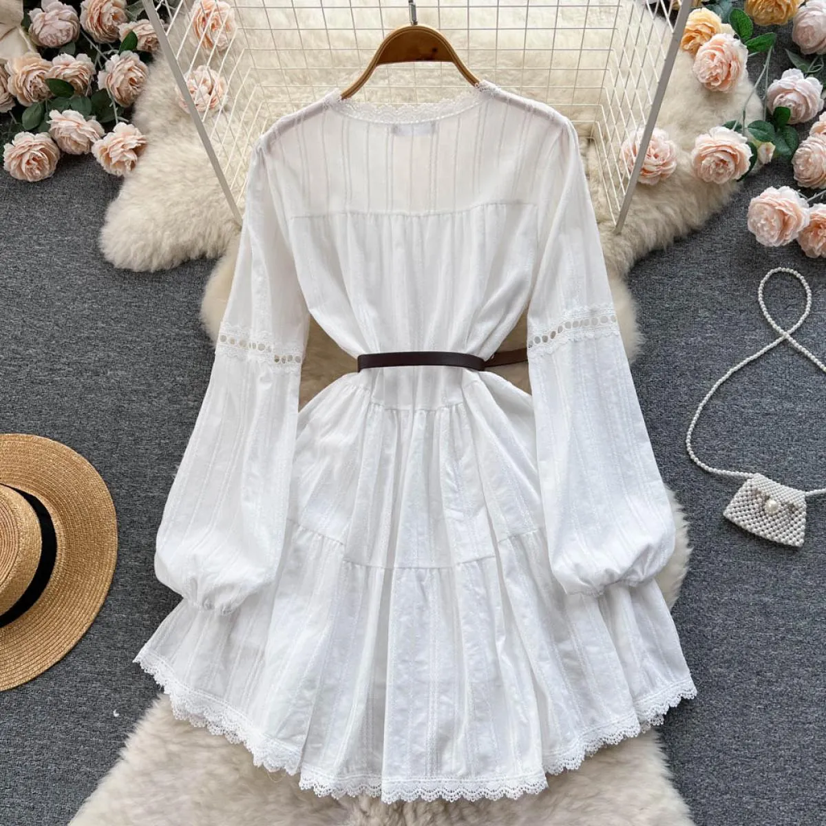 Abito estivo midi boho bianco da donna elegante patchwork in pizzo a maniche lunghe scava fuori abiti da cintura femminili crava