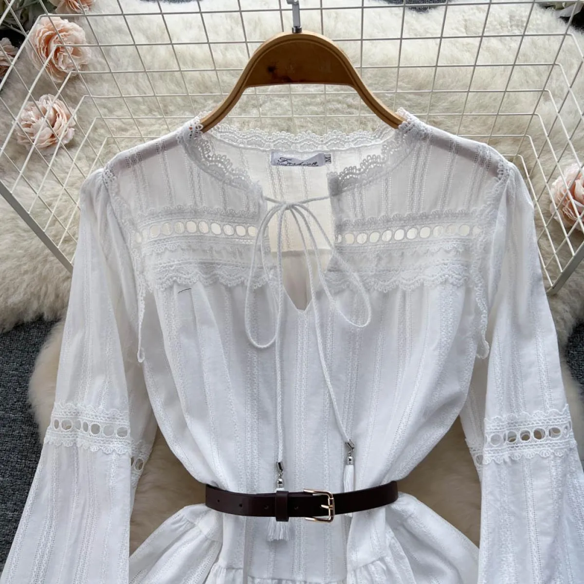 Abito estivo midi boho bianco da donna elegante patchwork in pizzo a maniche lunghe scava fuori abiti da cintura femminili crava