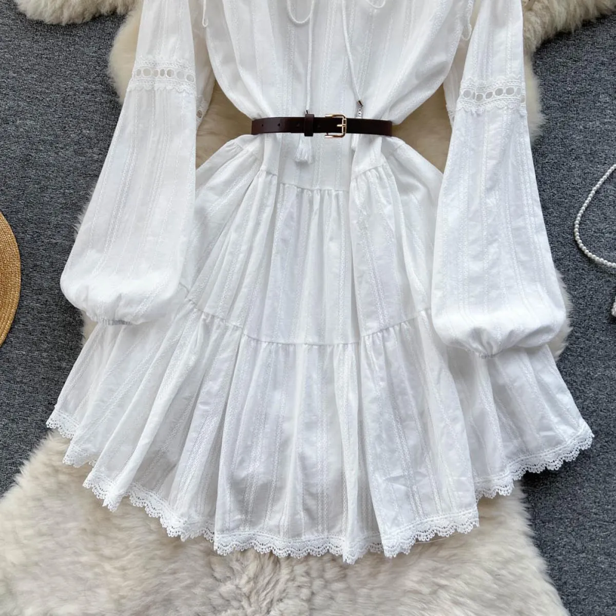 Abito estivo midi boho bianco da donna elegante patchwork in pizzo a maniche lunghe scava fuori abiti da cintura femminili crava