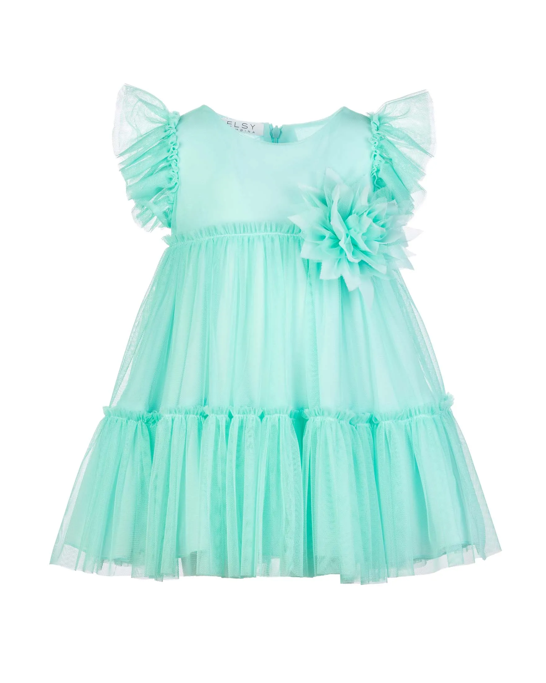 Abito mini verde acqua in tulle a balze a maniche corte con fiore in organza 4-8 anni