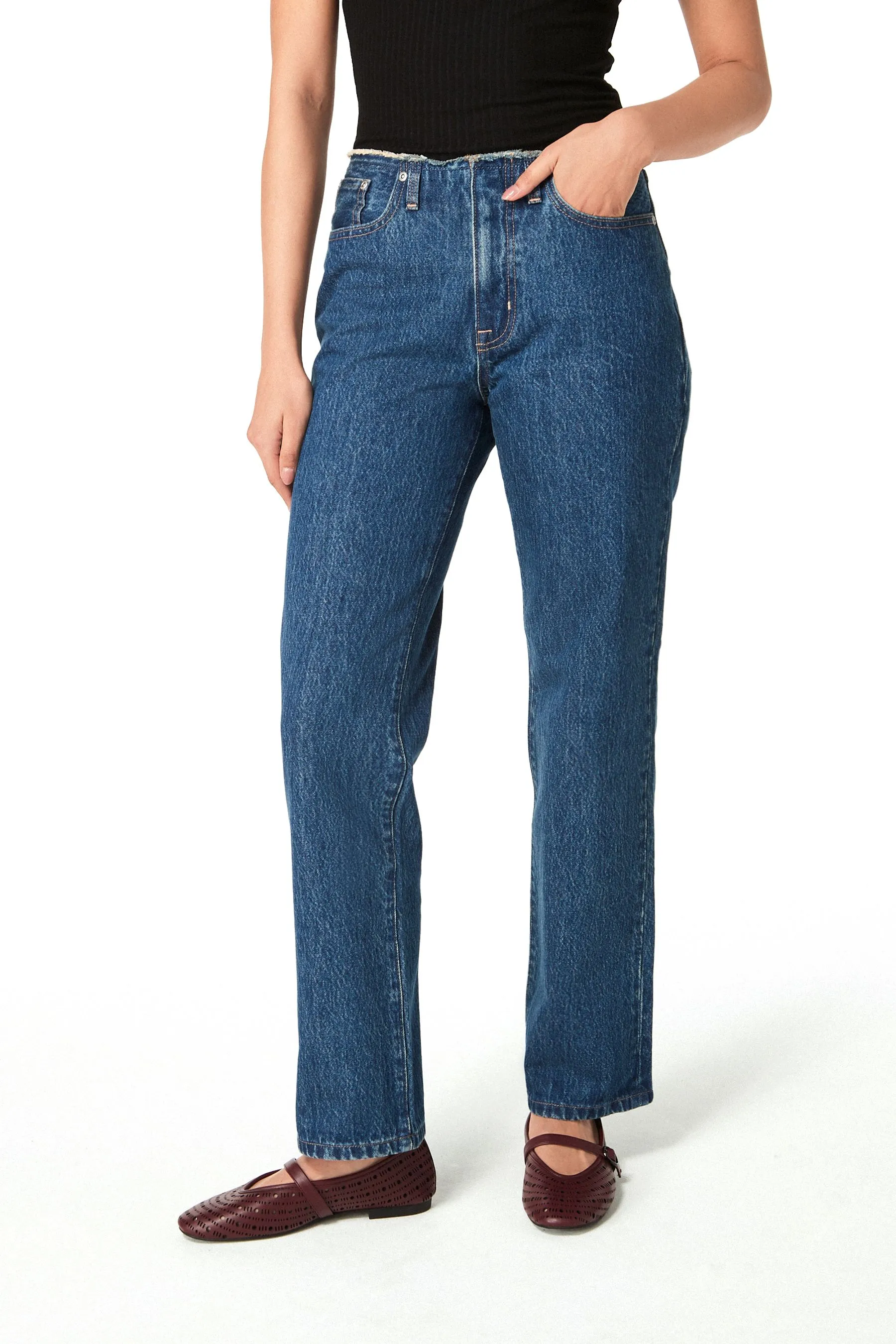 Blu scuro  - Jeans dritto con vita grezza