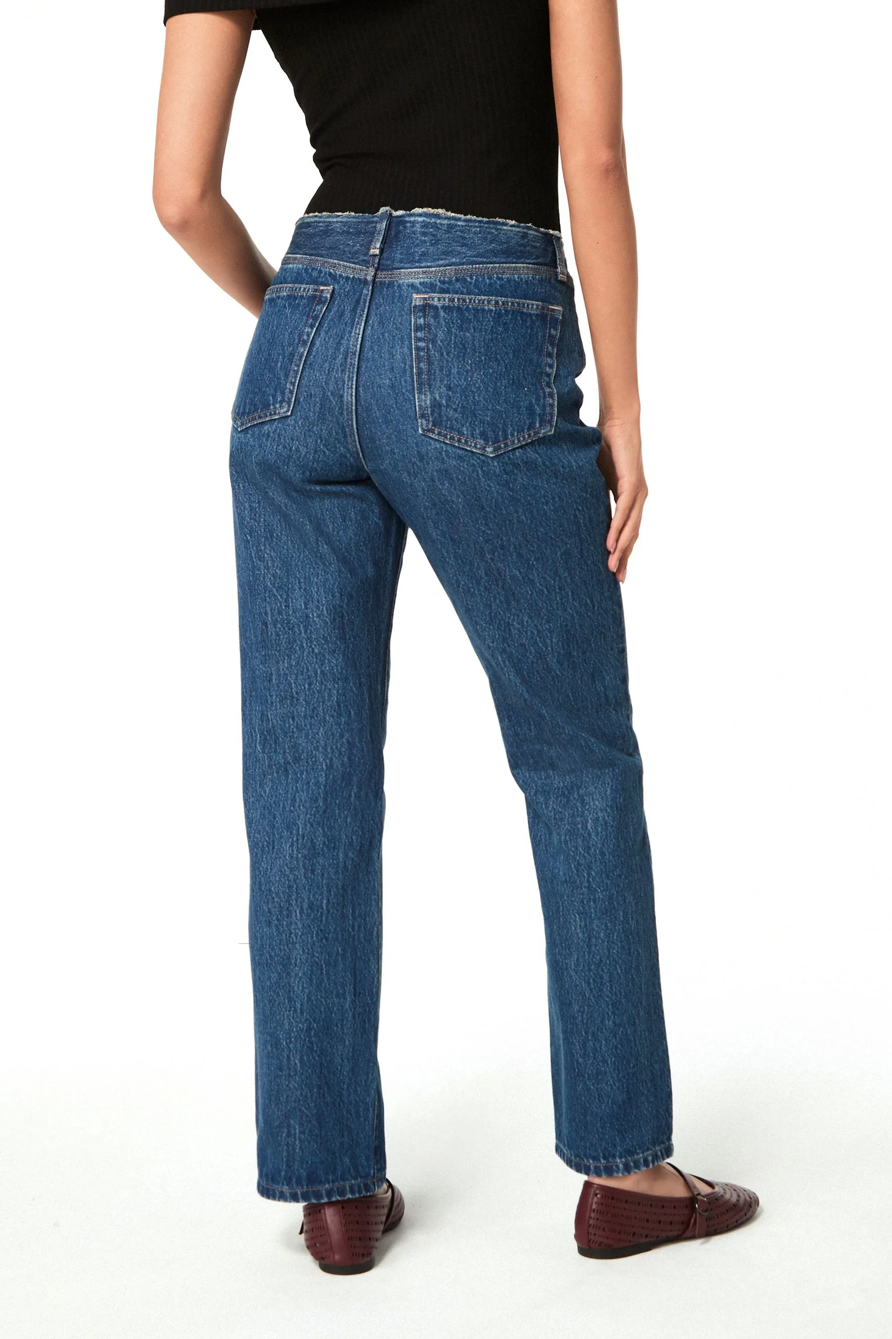 Blu scuro  - Jeans dritto con vita grezza