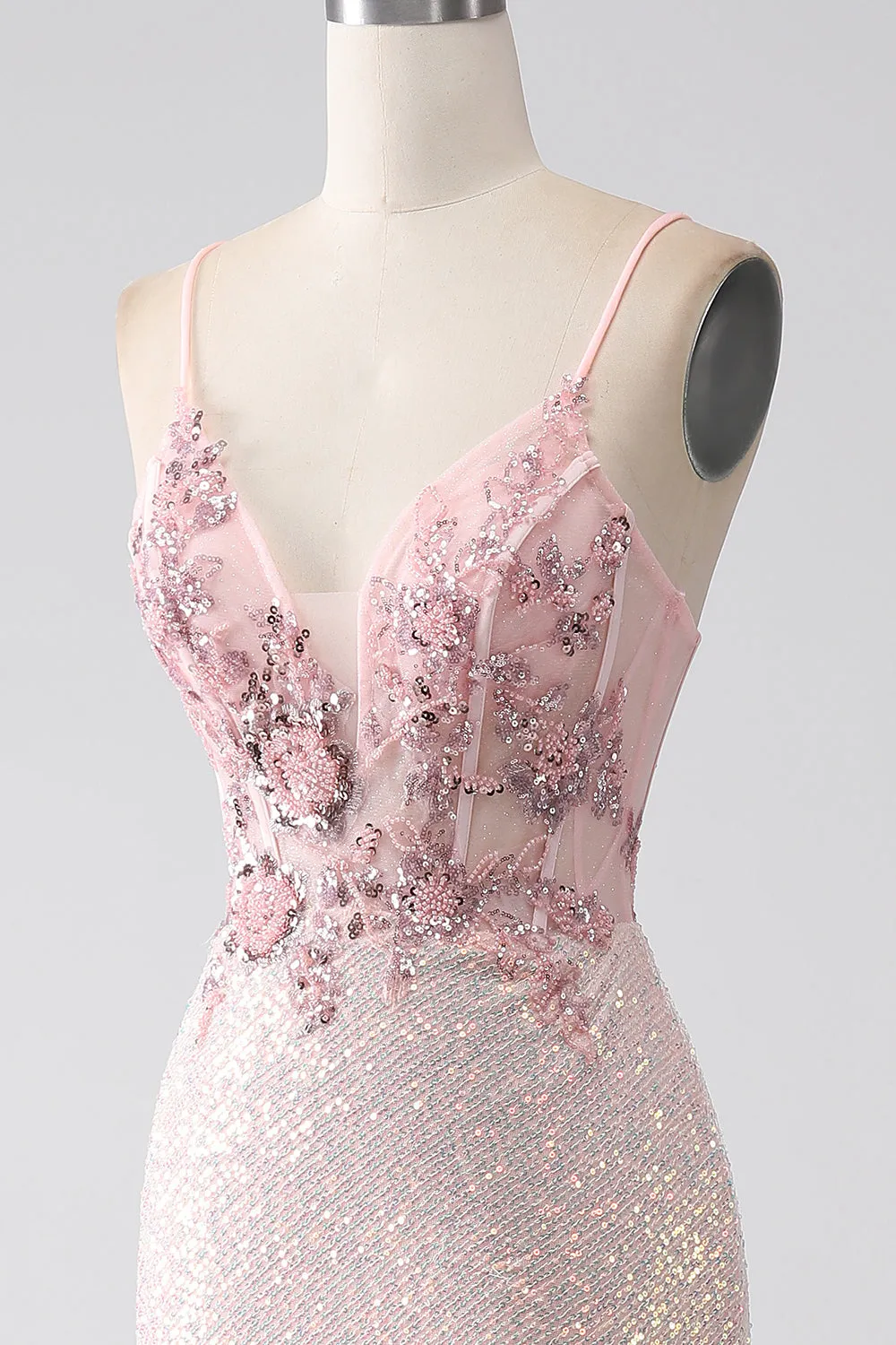 Glitter rosa perline sirena abito da ballo con fessura