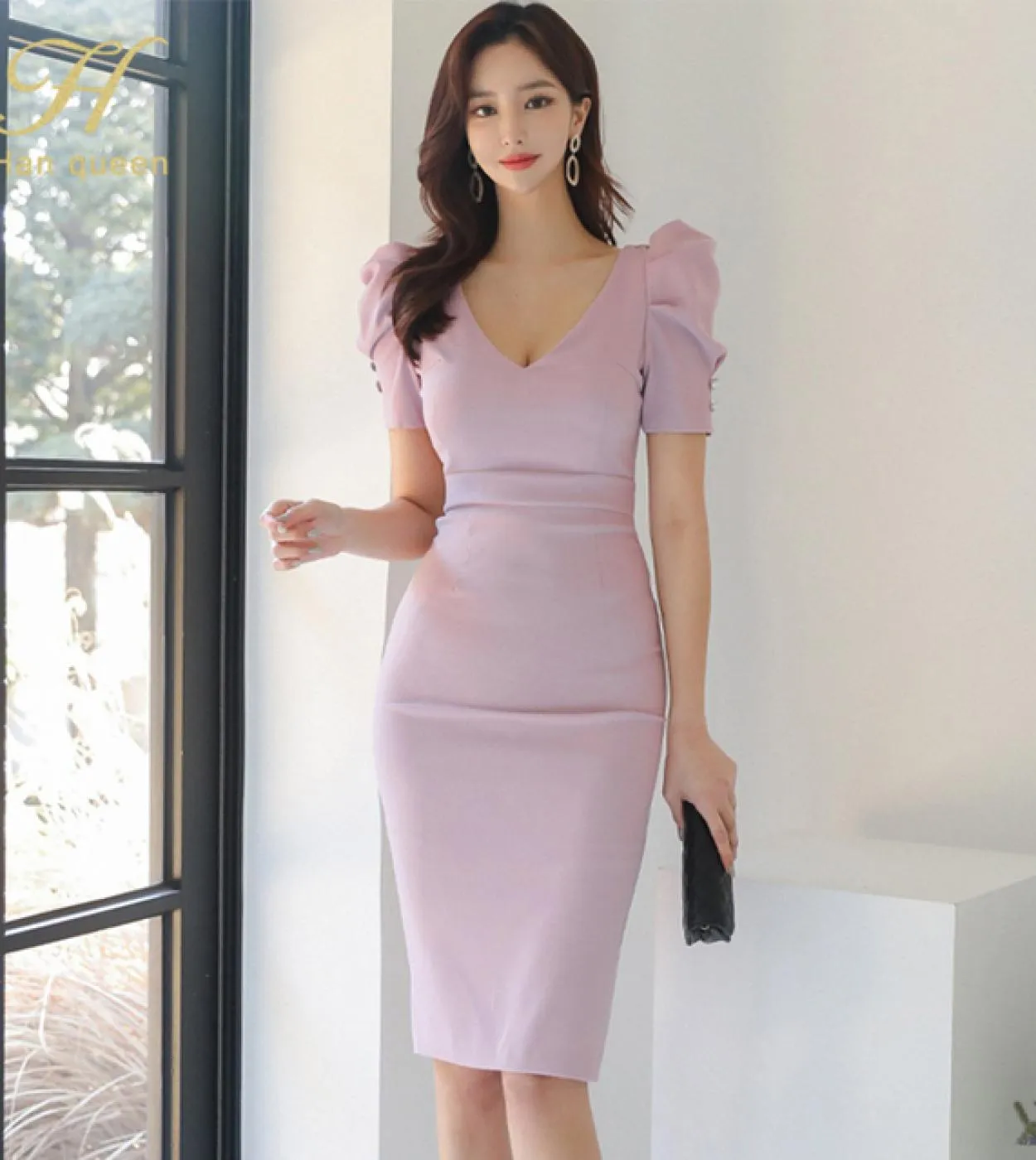 Han Queen Fashion Vneck Slim Pencil Dress Womens 2022 Summer Occupation Simple Elegant Kneelength Office Party Dresses