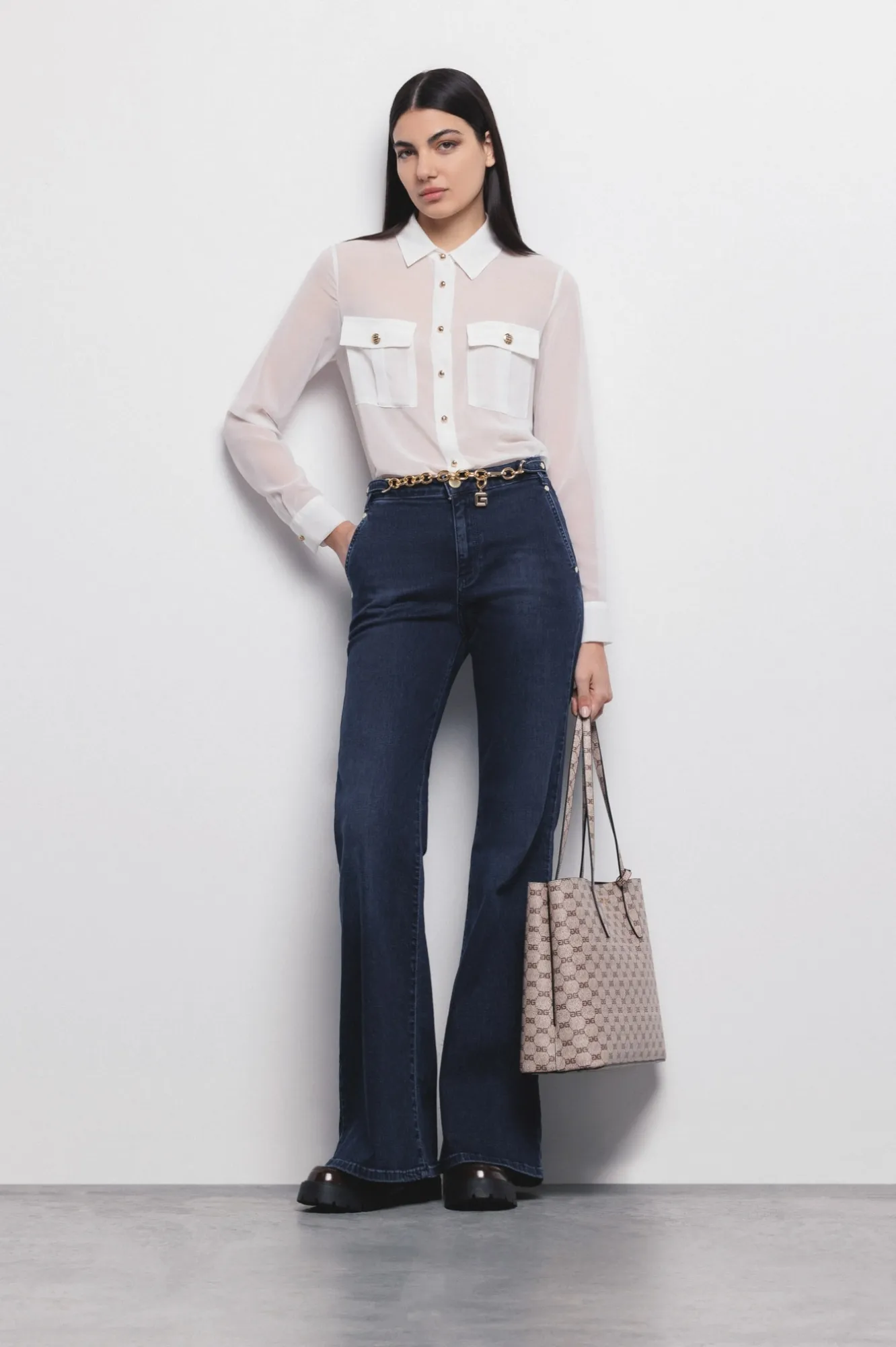 Jeans Palazzo Con Catena Gioiello Denim Blu - Gaëlle Paris