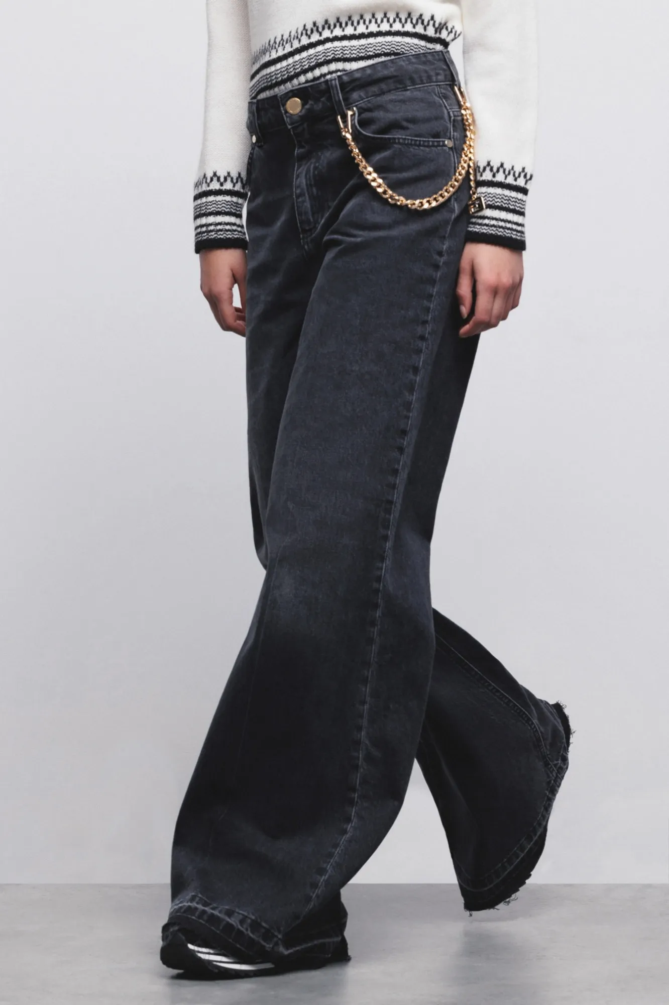 Jeans Palazzo Denim Con Catena Gioiello Nero - Gaëlle Paris