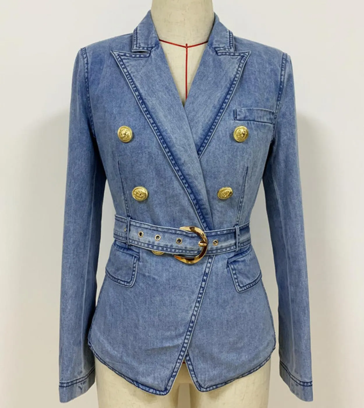 New Designer Blazer Donna Doppiopetto Lion Buttons Giacca da donna in denim con cintura morbida da ufficio da donna High Qua