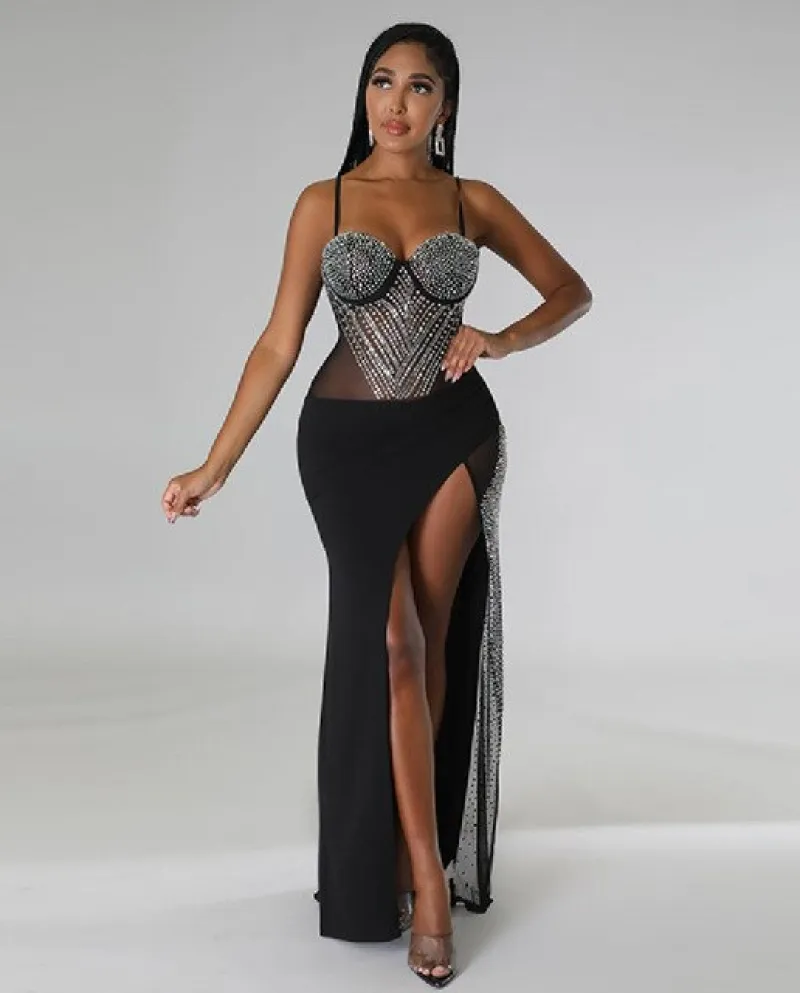 Rhinestone Crystal Patchwork High Split Maxi Dress Women Sleeveless Strap Night Clubwear Long Dress