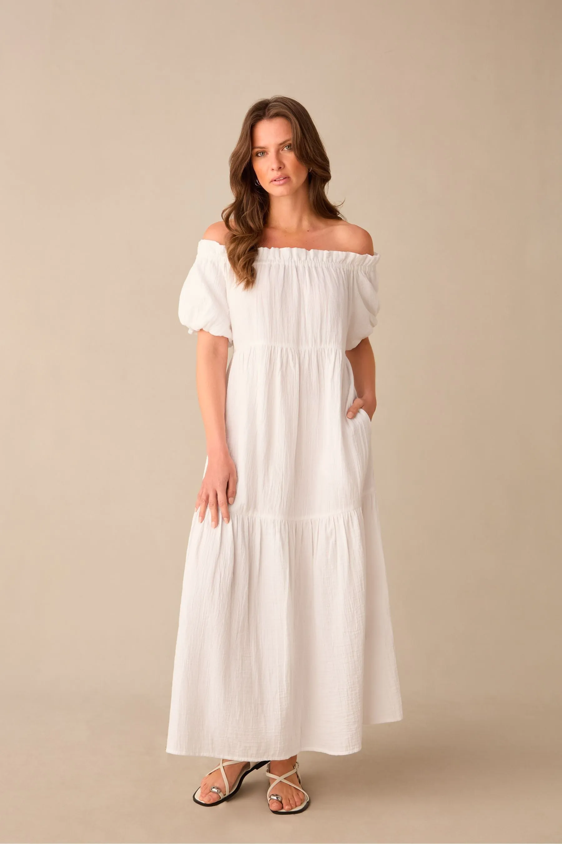 Ro&Zo Petite White - Off Shoulder Cheesecloth Dress