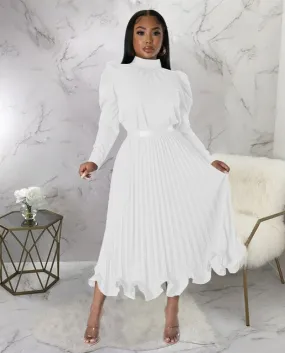 Solid Two Piece Set Dress Women Elegant O Neck Puff Sleeve Crop Top And High Waist Ruffle Pleated Long Skirt Party Suit