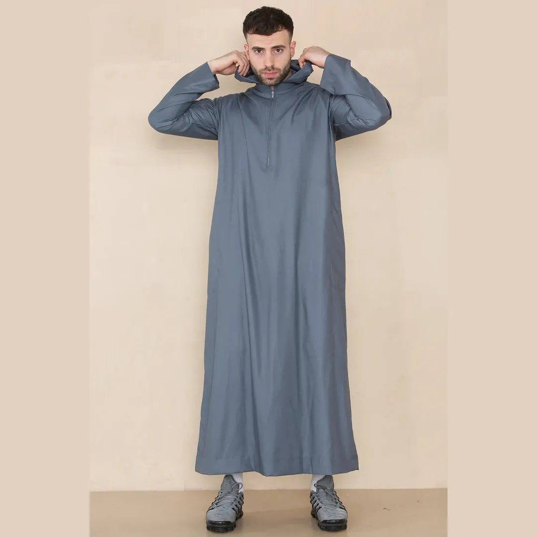 Thobe Jubba da Uomo Colletto Nehru e con Cappuccio Islamico Musulmano Kaftan Eid