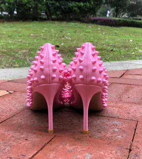 Tikicup Pink Women Wild Spikes Pointed Toe High Heels Punk Rivets  Ladies Designer Party Dress Shoes Fashion Stiletto Pu