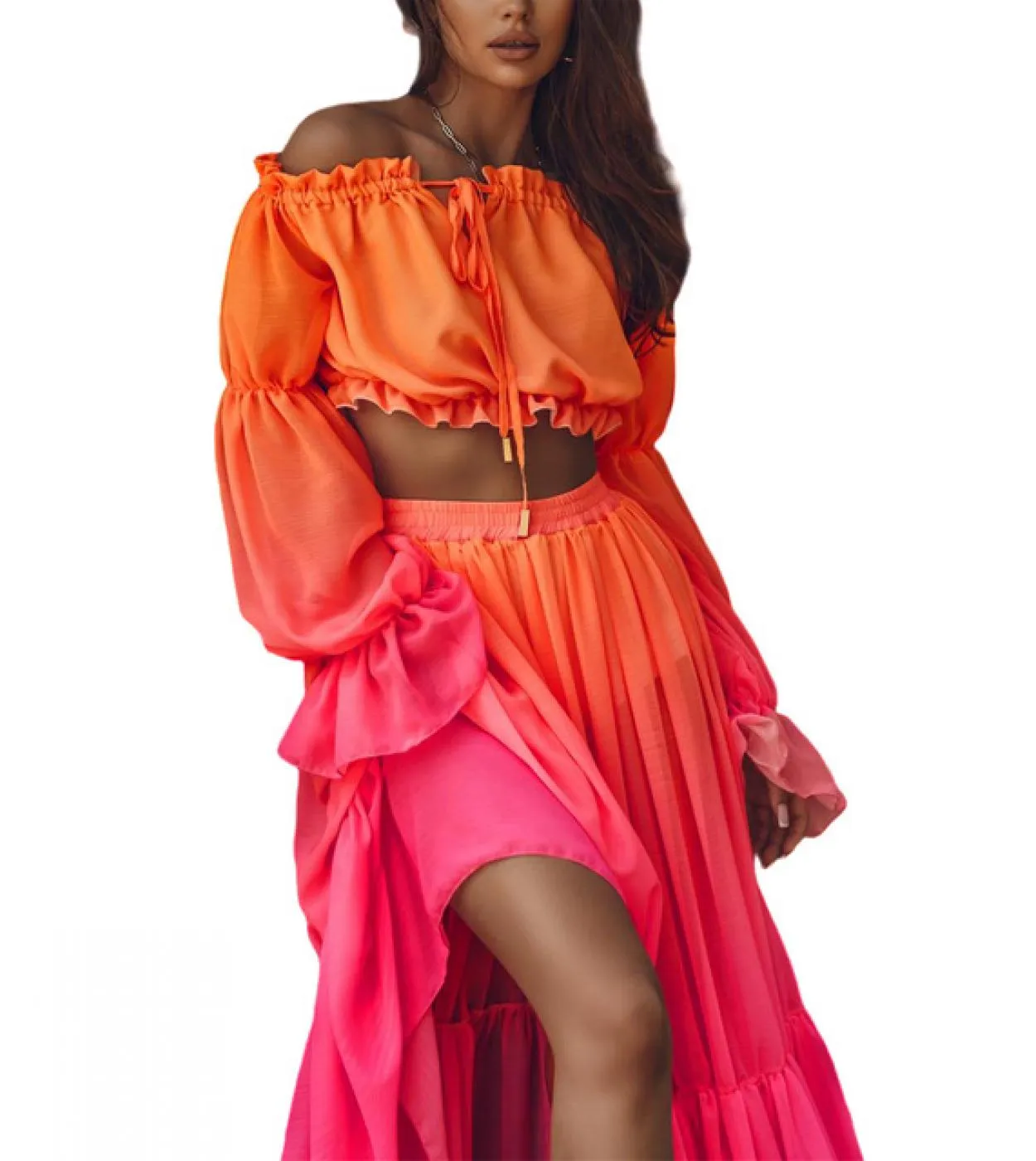 Women Beach Outfits Off Shoulder Puff Long Sleeve Crop Tops Gradient Ruffle Slit Skirt Dress Cover Up Sets